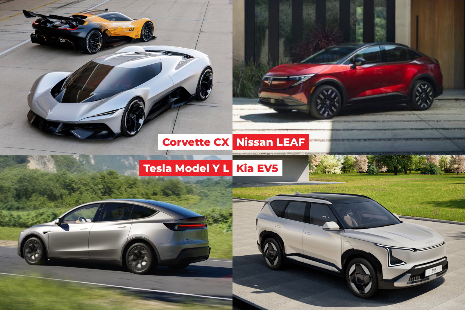 TechDogs-"A Collage Of The Corvette CX Concept, Nissan LEAF, Tesla Model Y L, Kia EV5"